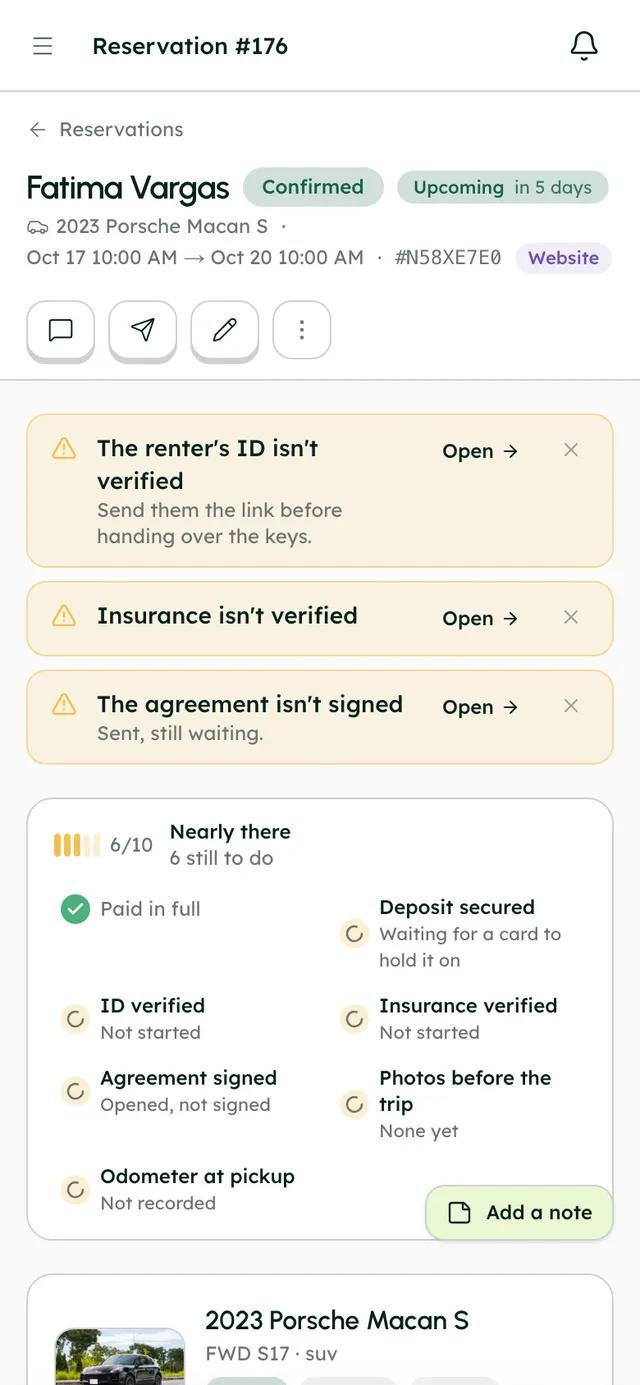 A booking in RentHive on a phone, with what's still to do before pickup
